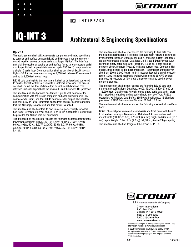 Page n°1 - Fiche technique Crown IQ-INT3