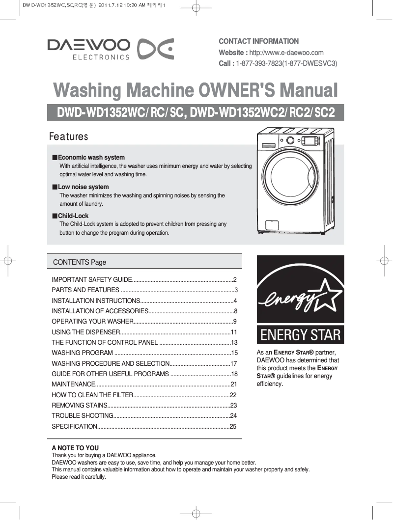 Page n°1 - Manuel utilisateur Daewoo DWD-WD1352WC