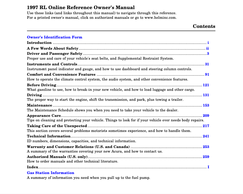 Page 1 de la notice Manuel utilisateur Acura RL (1997)