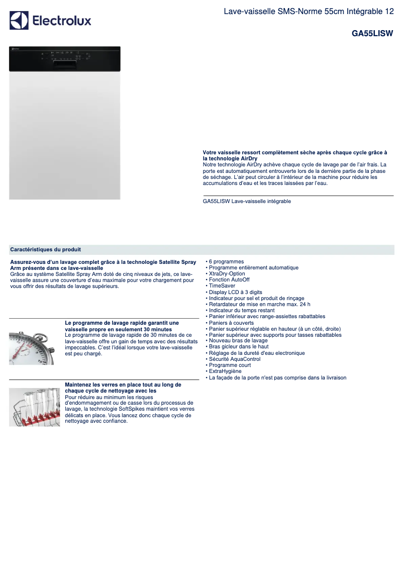 Page 1 de la notice Fiche technique Electrolux GA55LISW