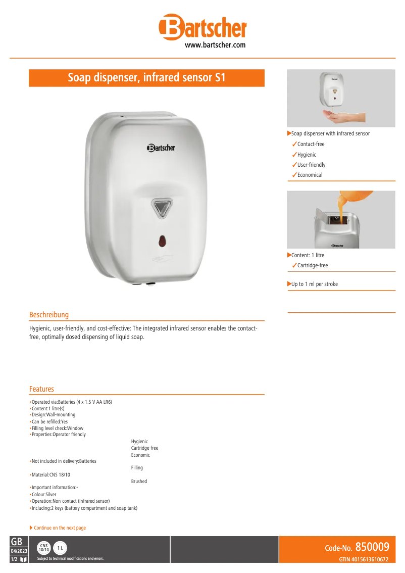 Page n°1 - Fiche technique Bartscher 850009