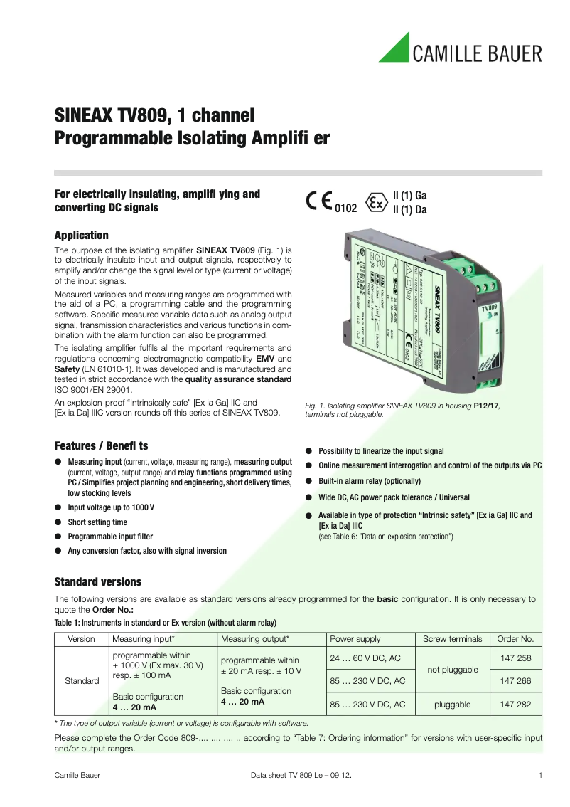 Page 1 de la notice Fiche technique Gossen Metrawatt SINEAX TV809
