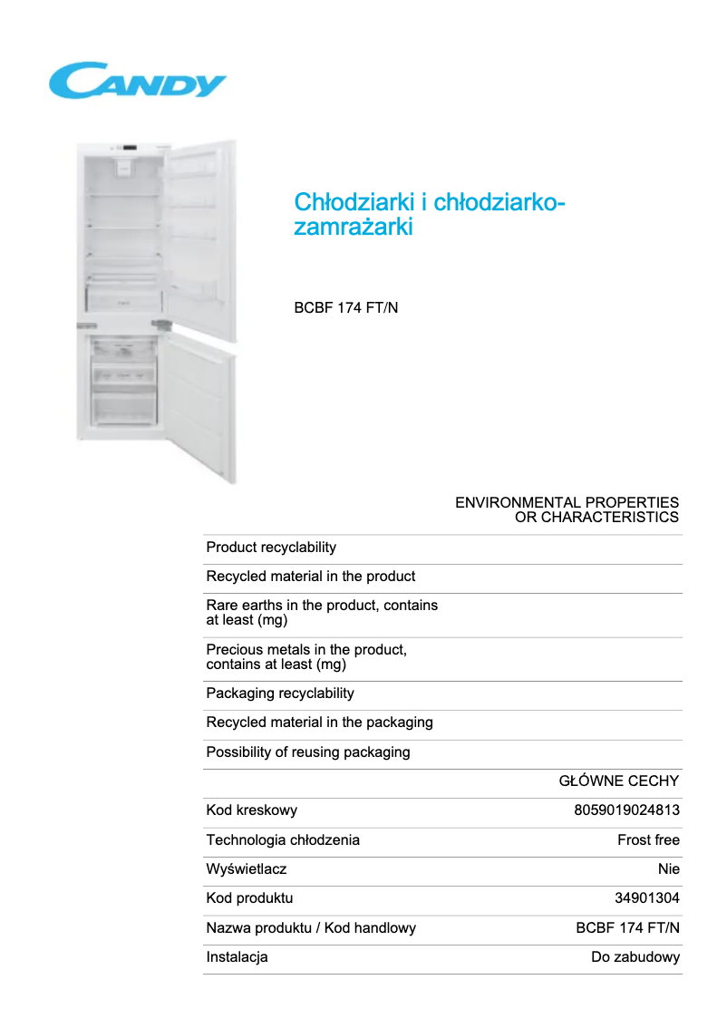 Page 1 de la notice Fiche technique Candy BCBF 174 FT/N