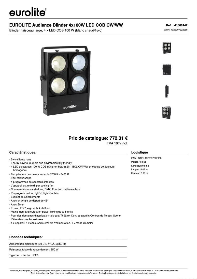 Page n°1 - Fiche technique Eurolite Audience Blinder 4x100W LED COB CW/WW