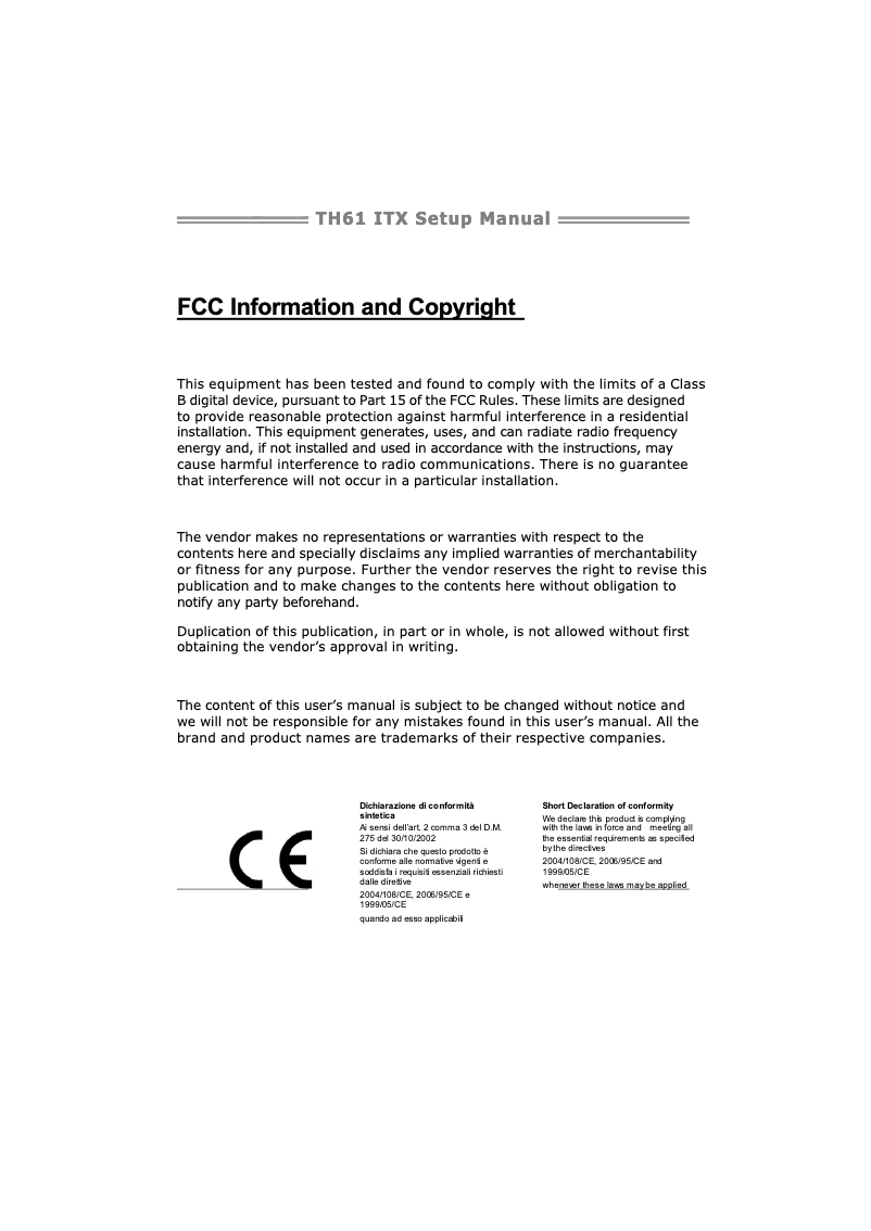Image de la première page du manuel de l'appareil TH61 ITX