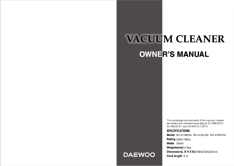 Page n°1 - Manuel utilisateur Daewoo RC-410R/3A