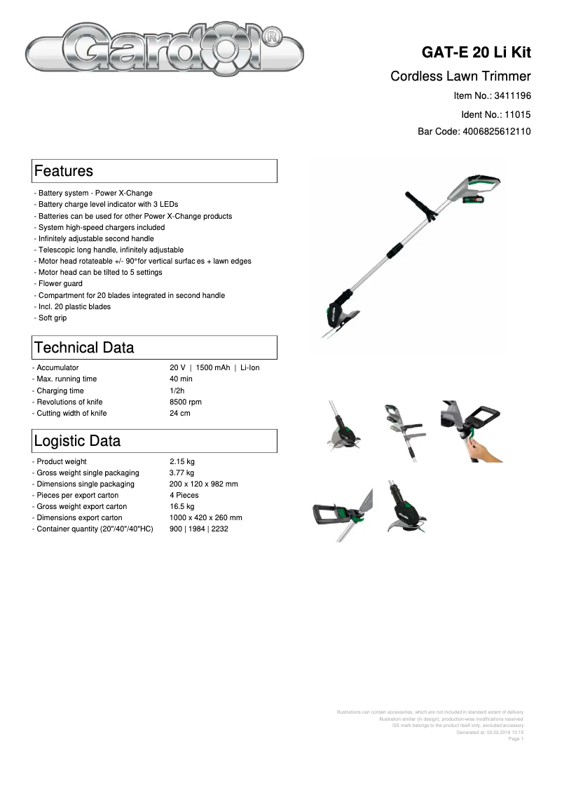 Page 1 de la notice Fiche technique Gardol GAT-E 20 Li Kit