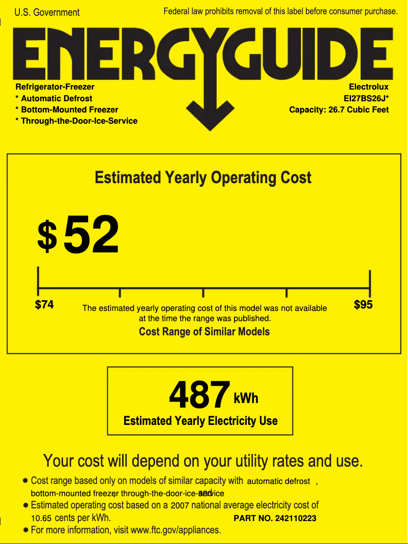 Page 1 de la notice Label énergétique Electrolux EI27BS26JW
