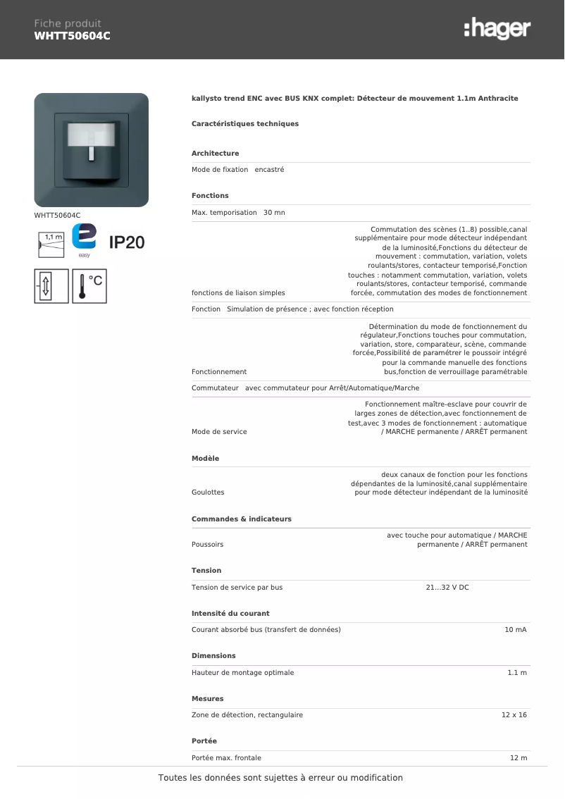 Page 1 de la notice Fiche technique Hager WHTT50604C