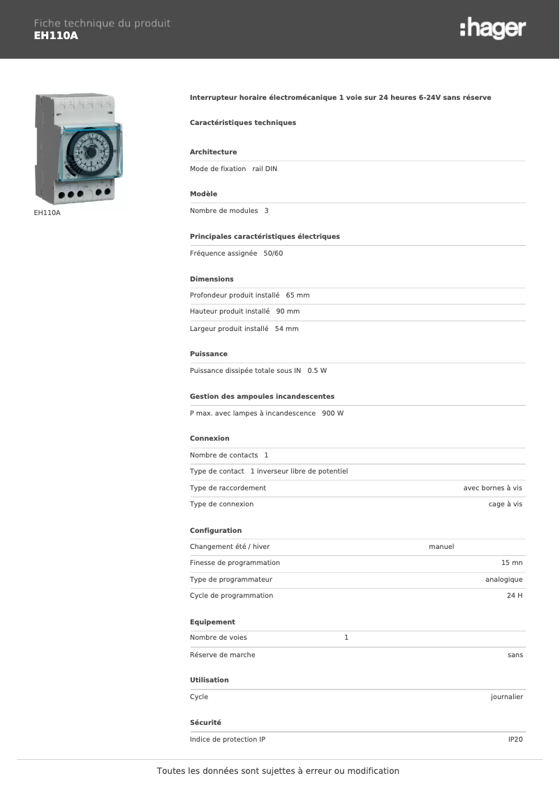 Page n°1 - Fiche technique Hager EH110A