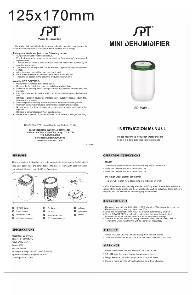 Page n°1 - Manuel utilisateur SPT SD-300ML