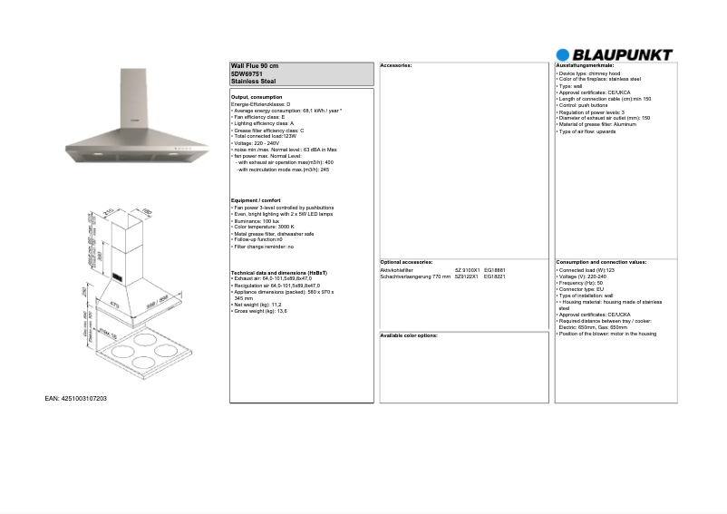 Page 1 de la notice Fiche technique Blaupunkt 5DW69751