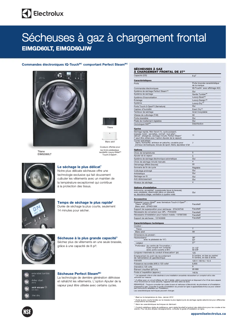 Page 1 de la notice Fiche technique Electrolux EIMGD60LT