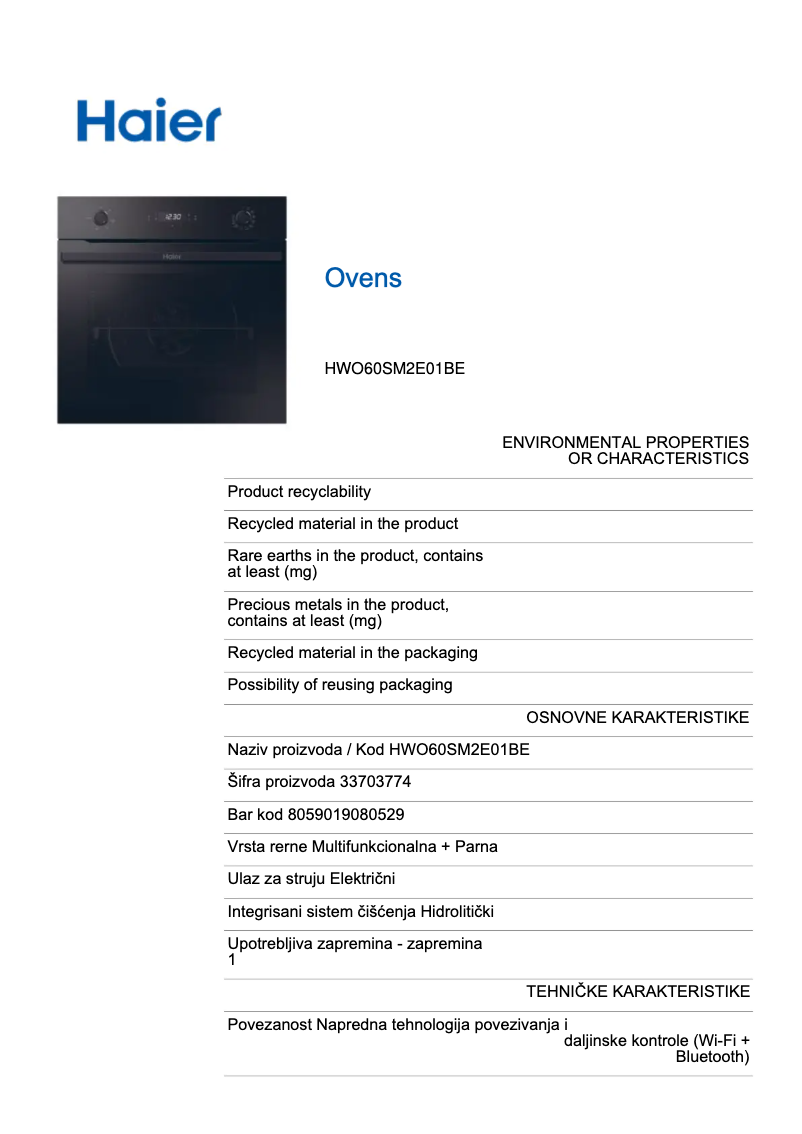 Page 1 de la notice Fiche technique Haier HWO60SM2E01BE