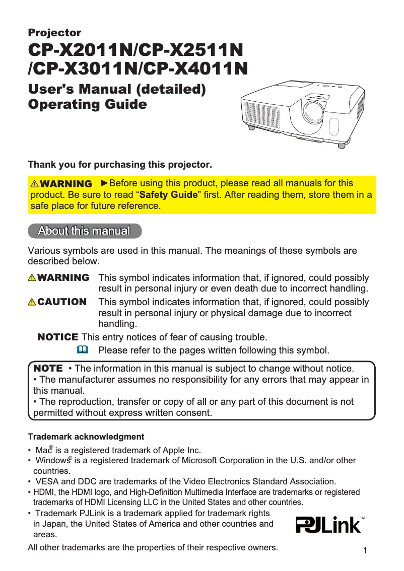 Page n°1 - Manuel utilisateur Hitachi CP-X4011NEF