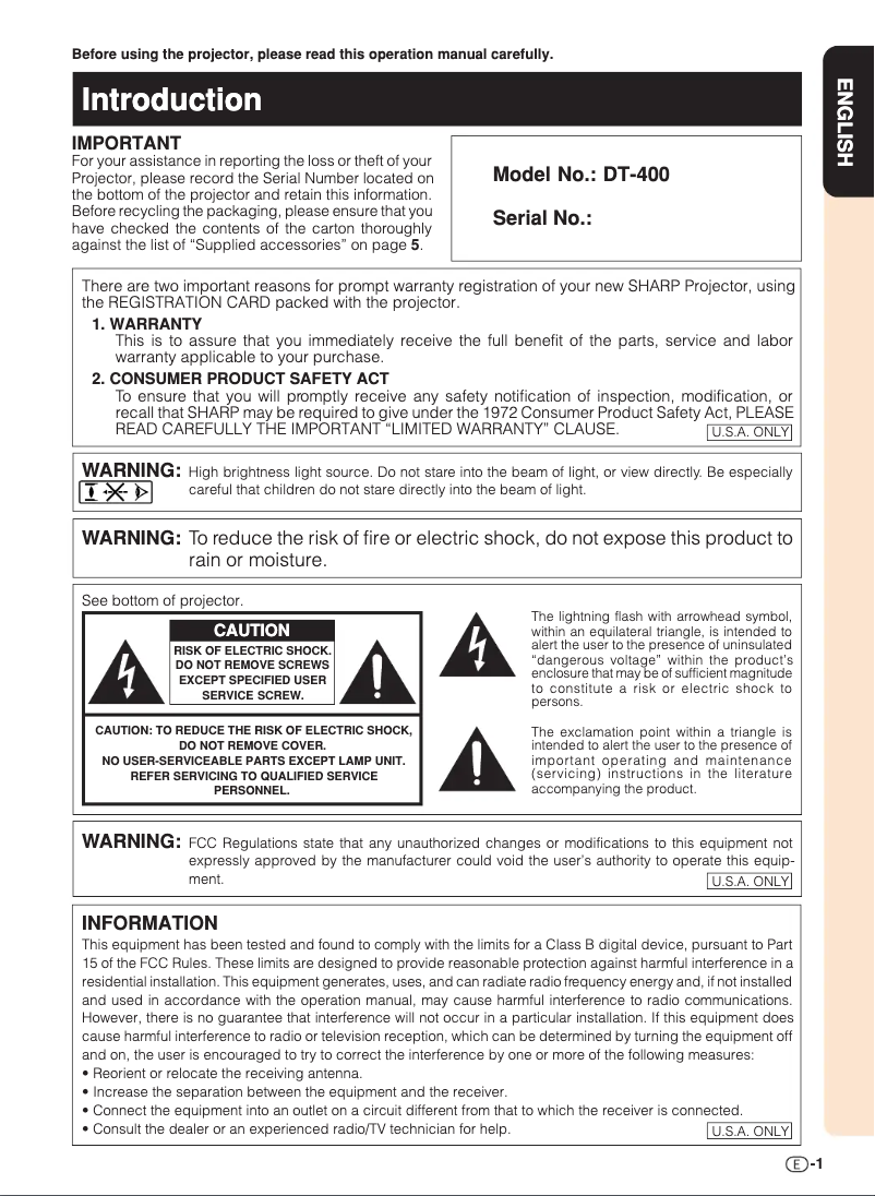 Page 1 de la notice Manuel utilisateur Sharp DT-400