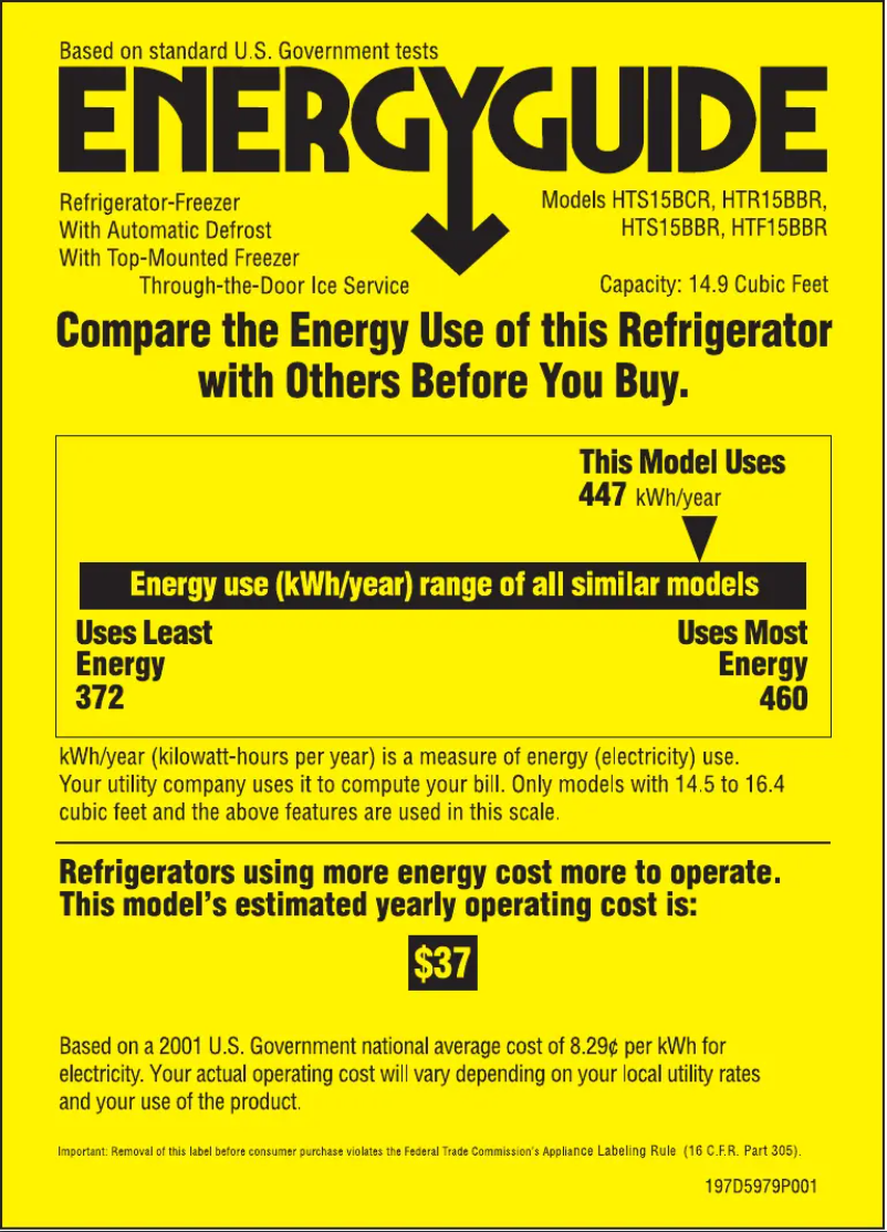 Page 1 de la notice Label énergétique Hotpoint HTR15BBRRCC