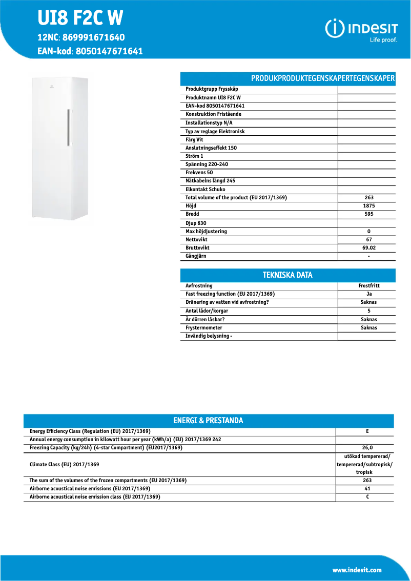 Page n°1 - Fiche technique Indesit UI8 F2C W