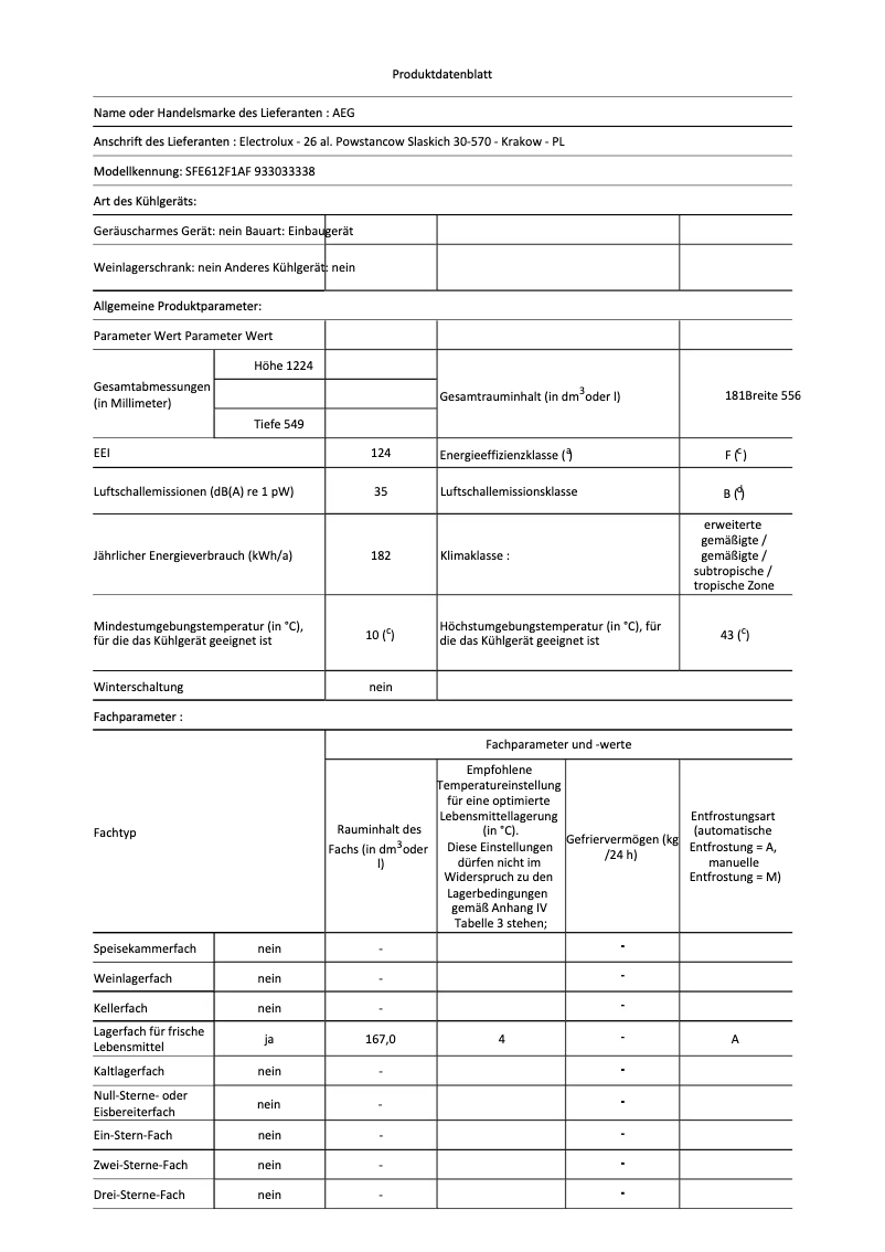 Page n°1 - Fiche technique AEG SFE612F1AF