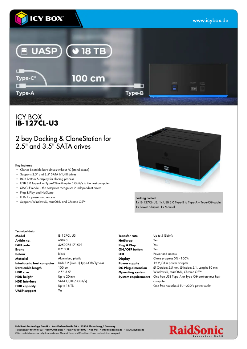 Page 1 de la notice Fiche technique Icy Box IB-127CL-U3