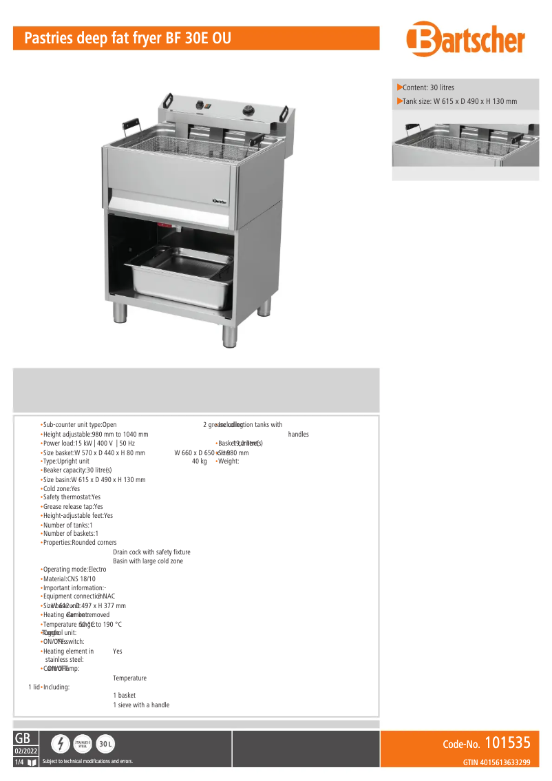 Página 1 del manual Ficha técnica Bartscher BF 30E OU