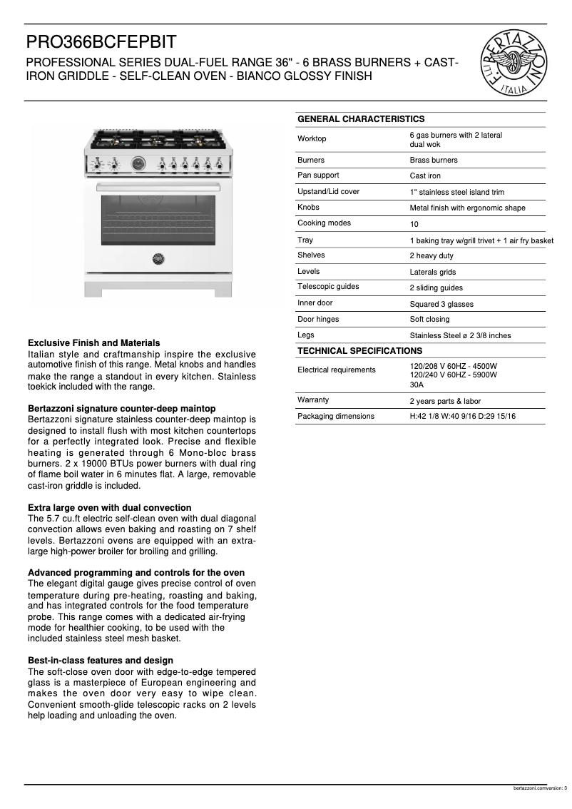 Page 1 de la notice Fiche technique Bertazzoni PRO366BCFEPBIT