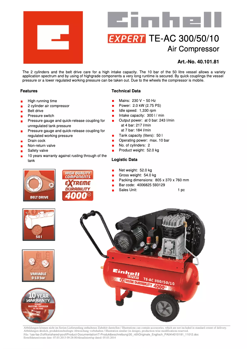 Page 1 de la notice Manuel utilisateur Einhell TE-AC 300/50/10