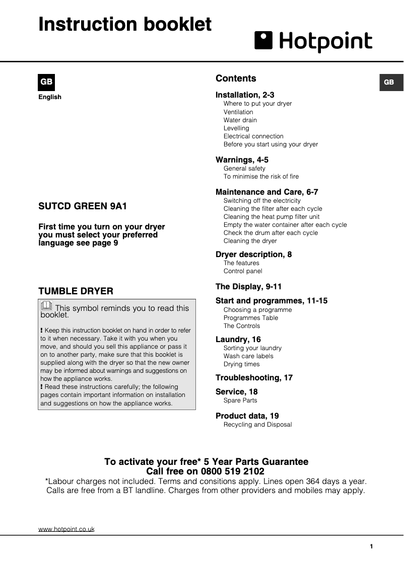 Page 1 de la notice Manuel utilisateur Hotpoint SUTCD GREEN 9A1 Ultima S-Line
