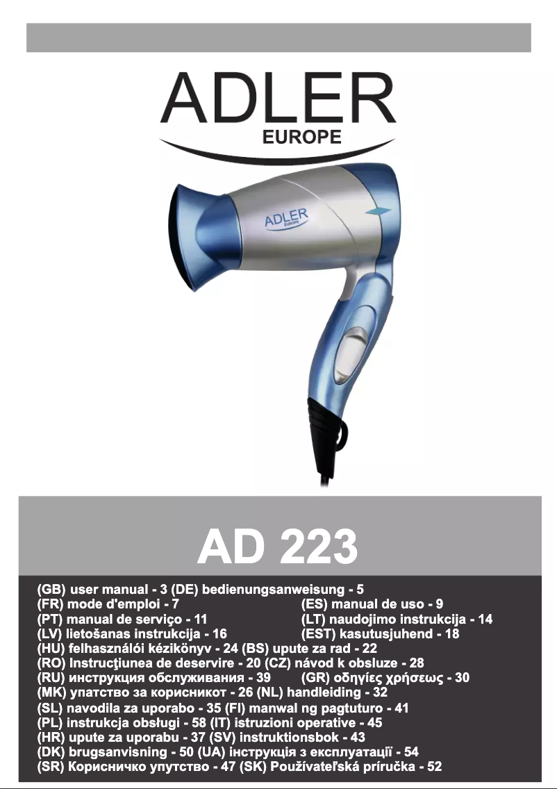 Page 1 de la notice Manuel utilisateur Adler AD 223 PI
