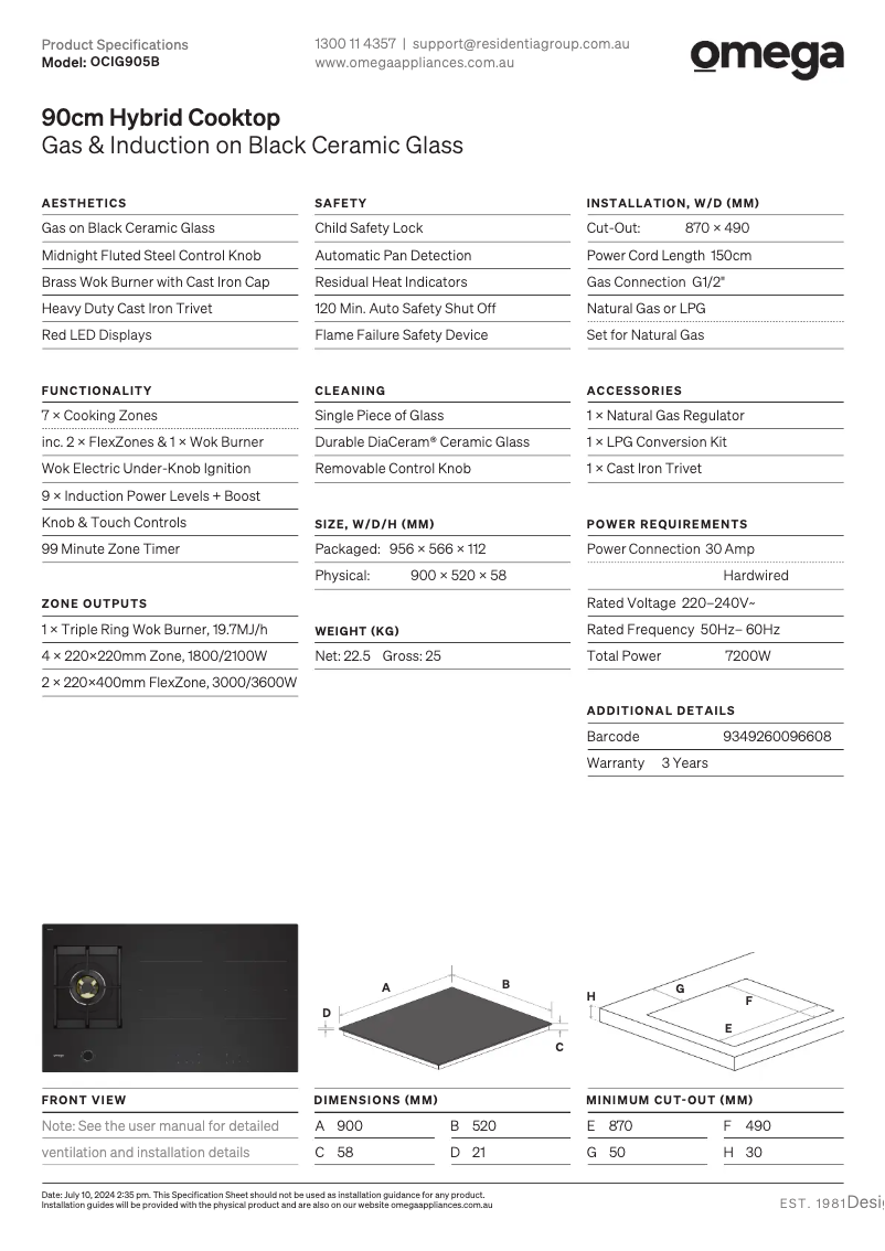 Page 1 de la notice Fiche technique Omega OCIG905B