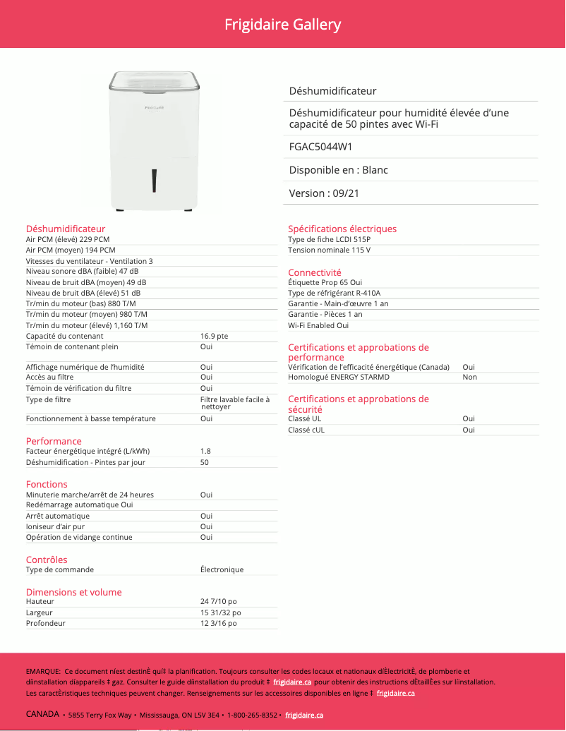 Page n°1 - Fiche technique Frigidaire FGAC5044W1