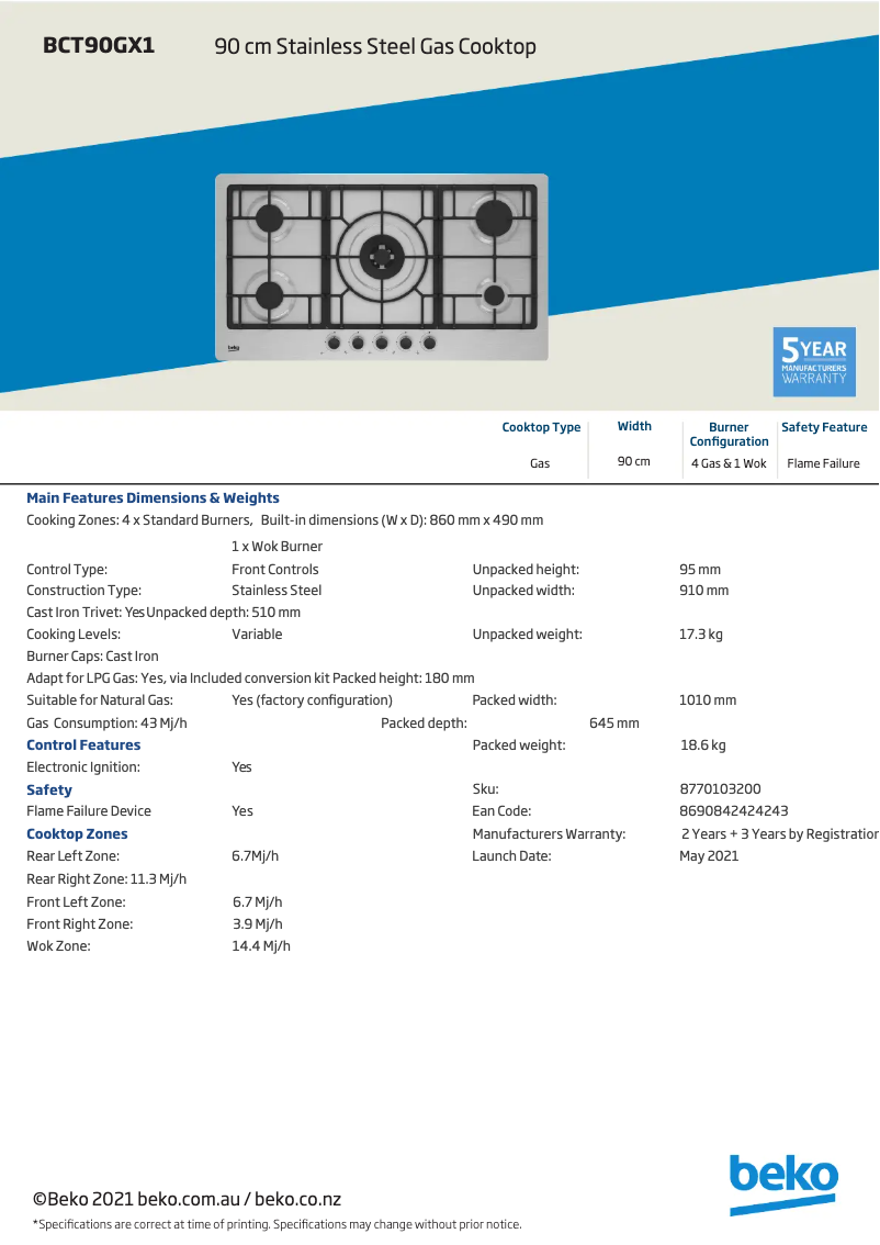 Page n°1 - Fiche technique Beko BCT90GX1