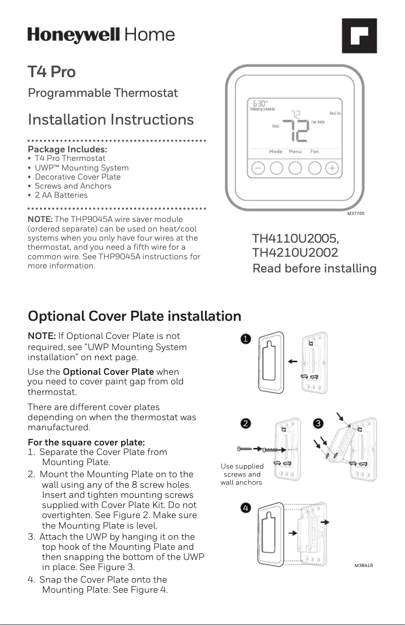 Page 1 de la notice Guide d'installation Honeywell T4 Pro TH4110U2005