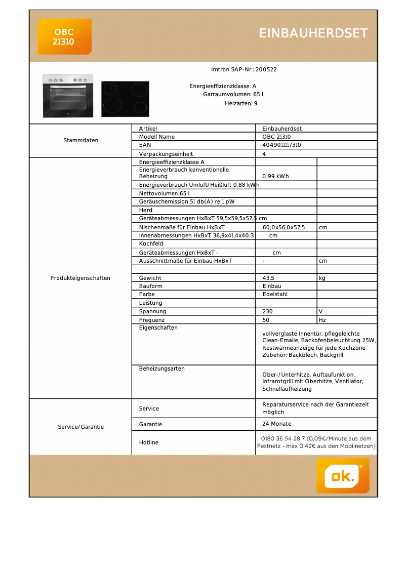 Page 1 de la notice Fiche technique OK OBC 21310