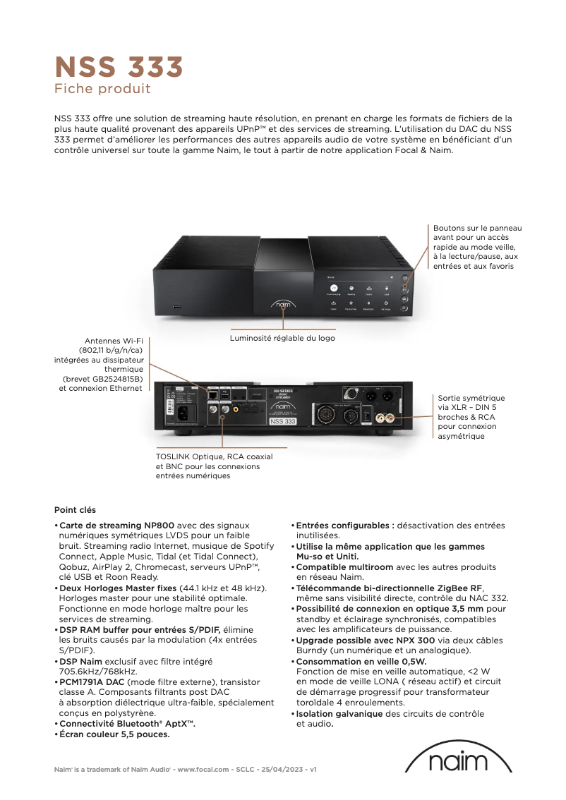 Page n°1 - Fiche technique Naim NSS 333
