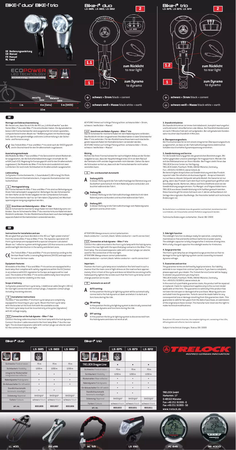 Page 1 de la notice Manuel utilisateur Trelock LS 883