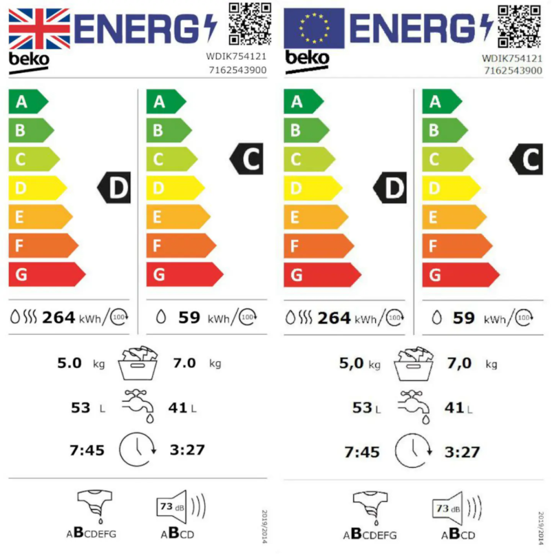 Page 1 de la notice Label énergétique Beko WDIK754121