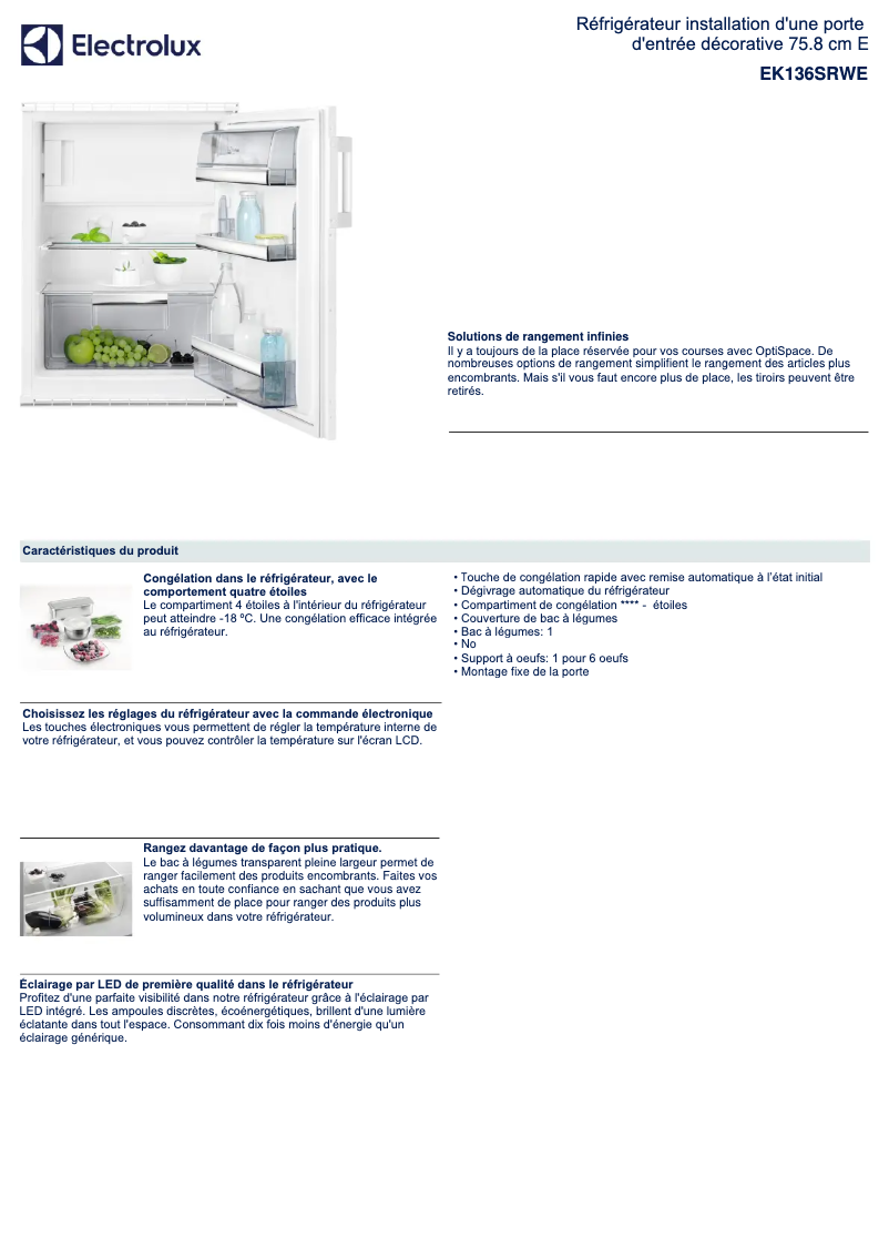 Page 1 de la notice Fiche technique Electrolux EK136SRWE