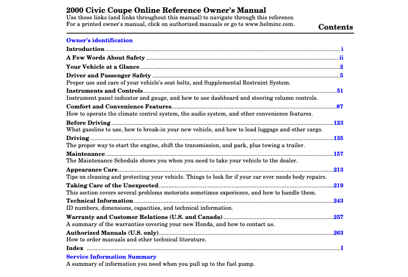 Imagen de la primera página del manual del dispositivo Civic Sedan (2000)