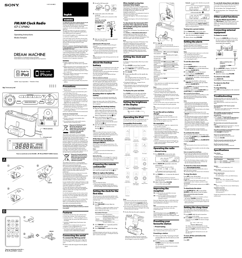 Image de la première page du manuel de l'appareil ICF-C1iPMK2