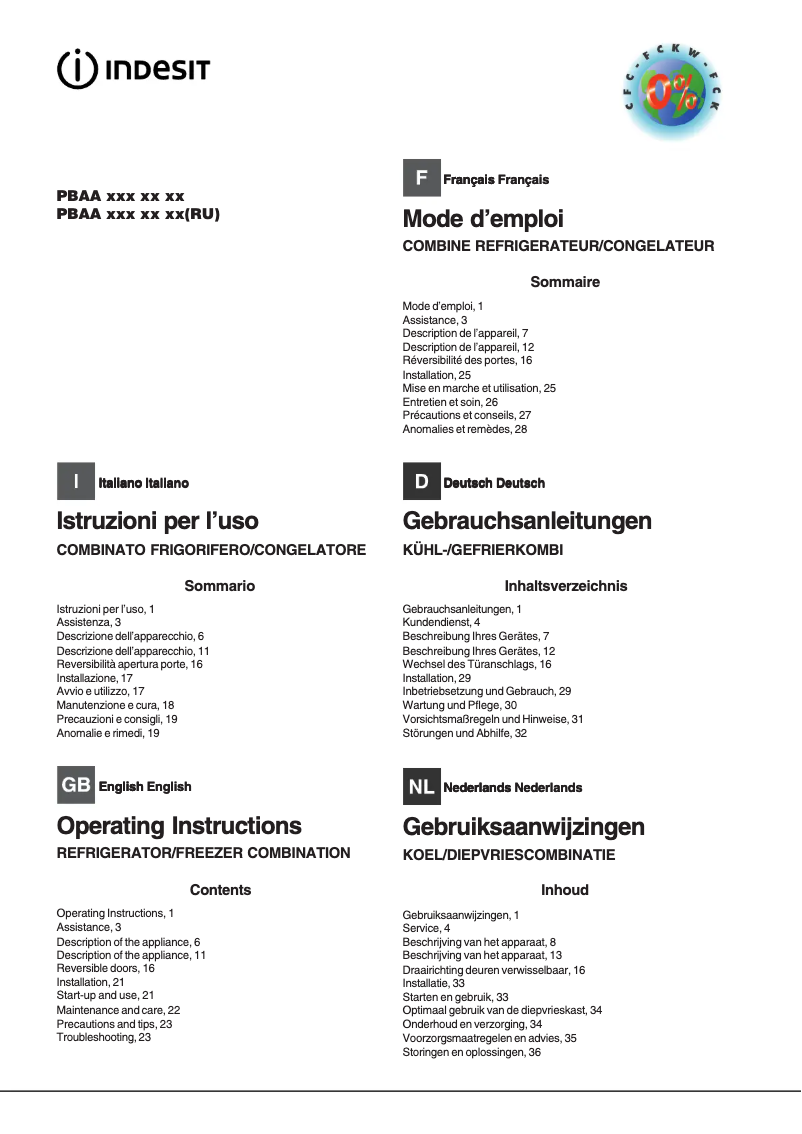 Page 1 de la notice Manuel utilisateur Indesit PBAA 33 F