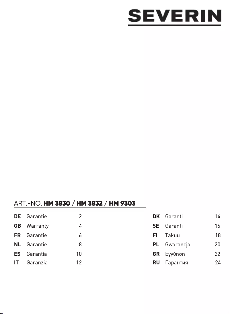 Page 1 de la notice Informations de garantie Severin HM 3832