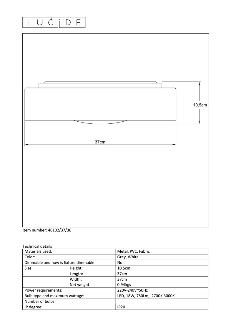Page 1 de la notice Manuel utilisateur Lucide Cham 46102/37/36