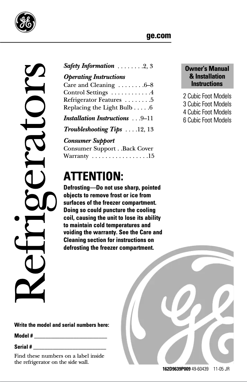 Page 1 de la notice Manuel d'utilisation et d'entretien GE GMR02BANWW