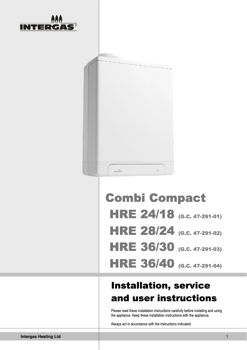 Page 1 of the manual Installation Guide Intergas Combi Compact HRE 36/40