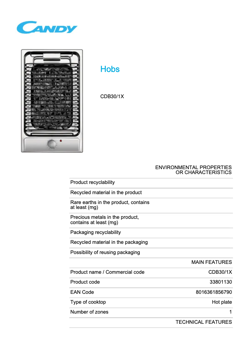 Page n°1 - Manuel utilisateur Candy CDB30/1X