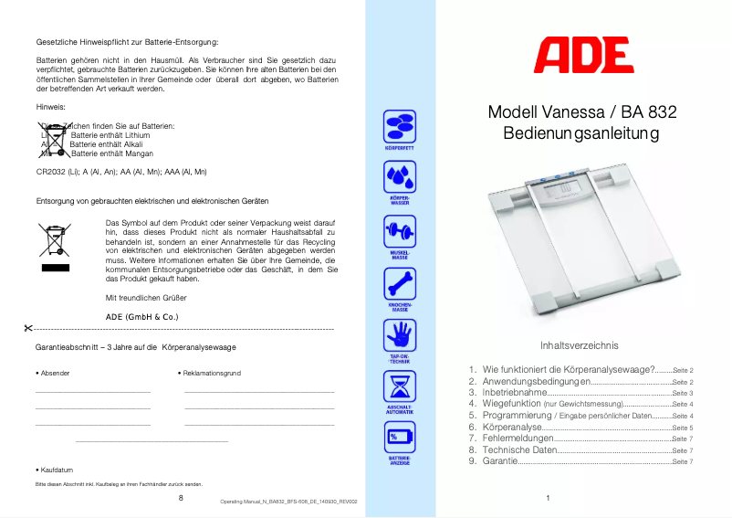 Page 1 de la notice Manuel utilisateur ADE Vanessa BA 832