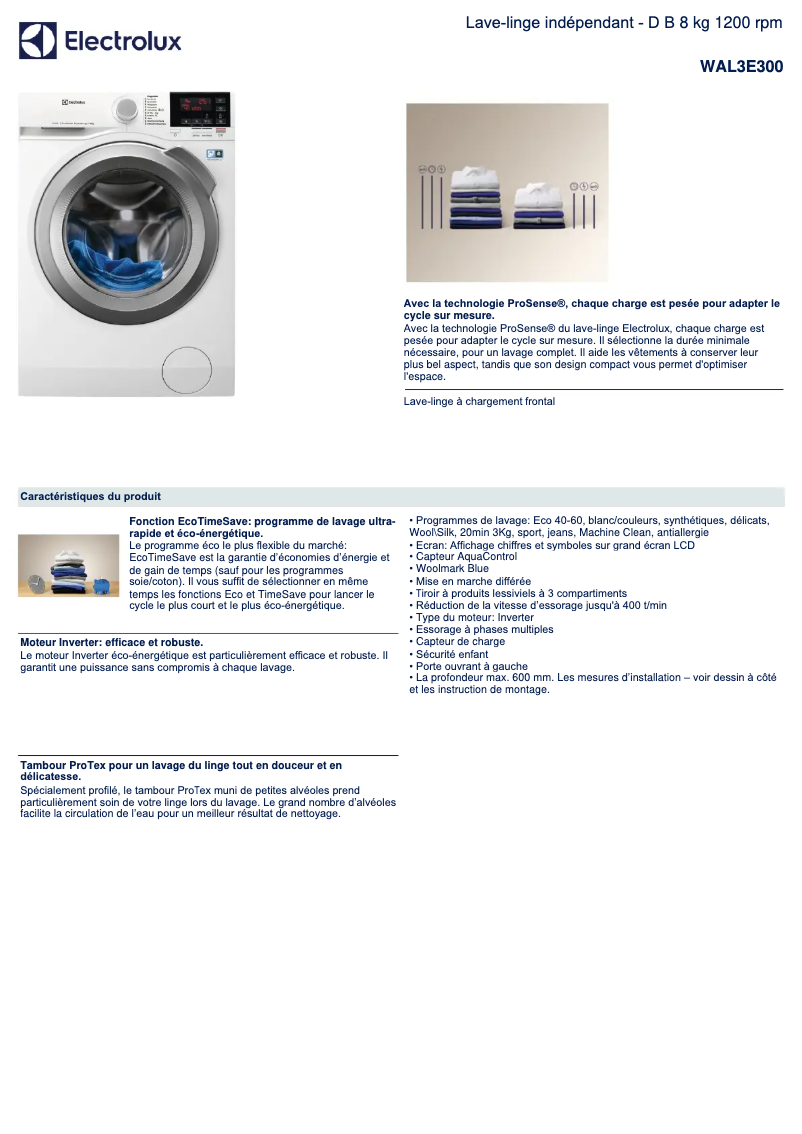 Page n°1 - Fiche technique Electrolux WAL3E300