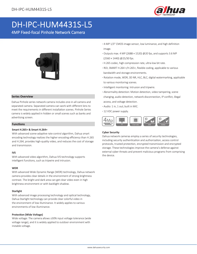 Page 1 de la notice Fiche technique Dahua Technology IPC-HUM4431S-L5