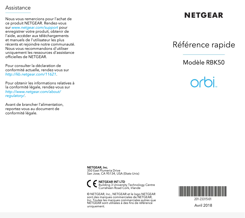Page 1 de la notice Guide d'installation Netgear Orbi RBK50